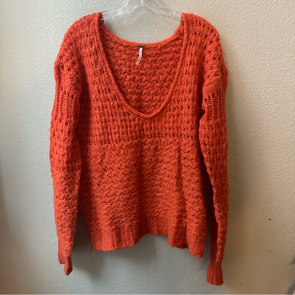 FREE PEOPLE orange knitted long sleeve deep v-neck sweater womens XS
